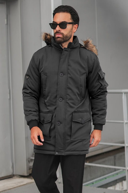 Imported Parka Long Coat - Black (removable hood)