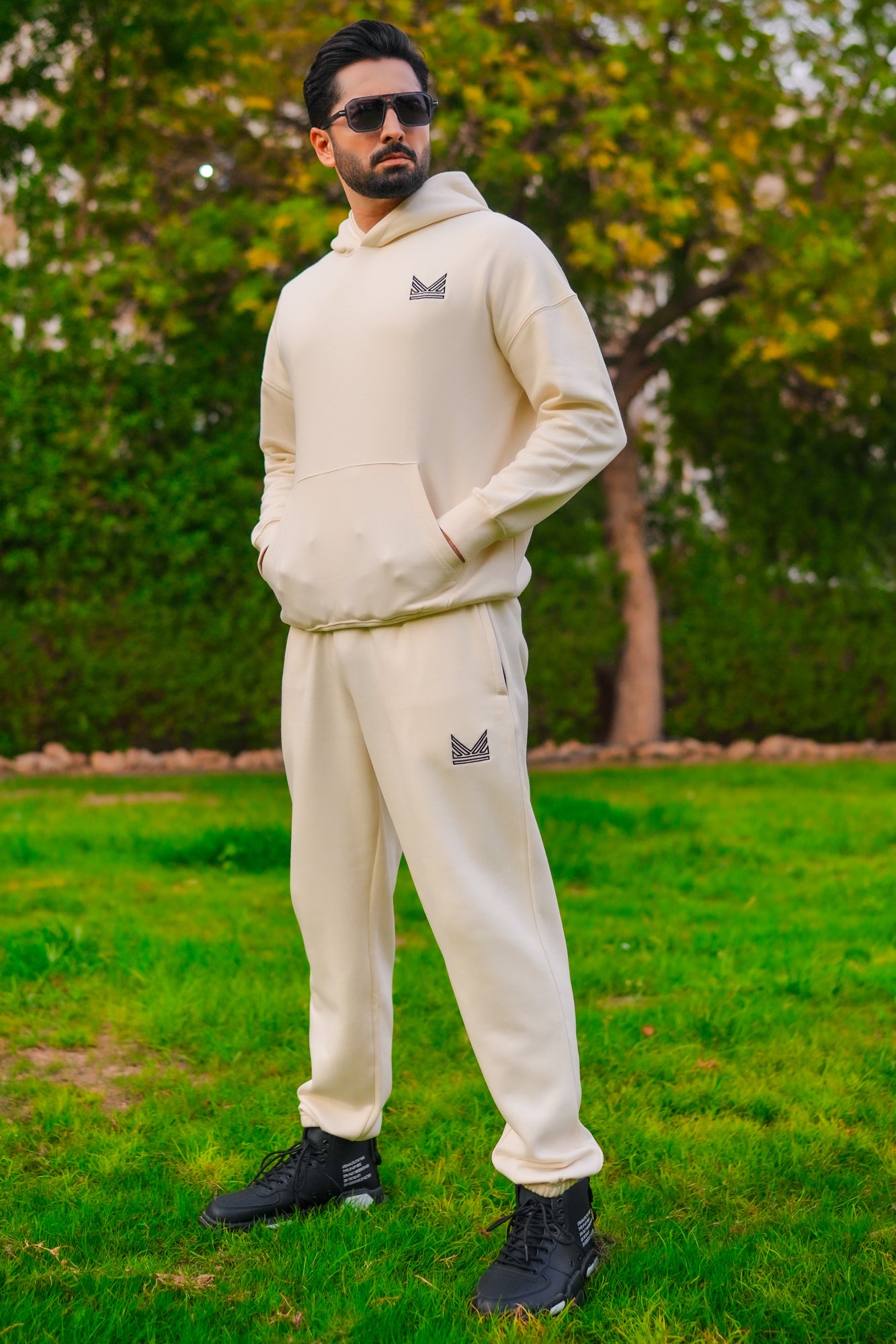 Crest Dropshoulder Cotton Tracksuit - Ivory