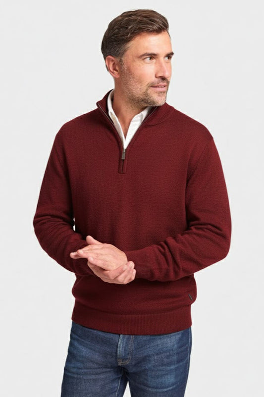 Quarter Zip Rib Knit Sweater - Wine